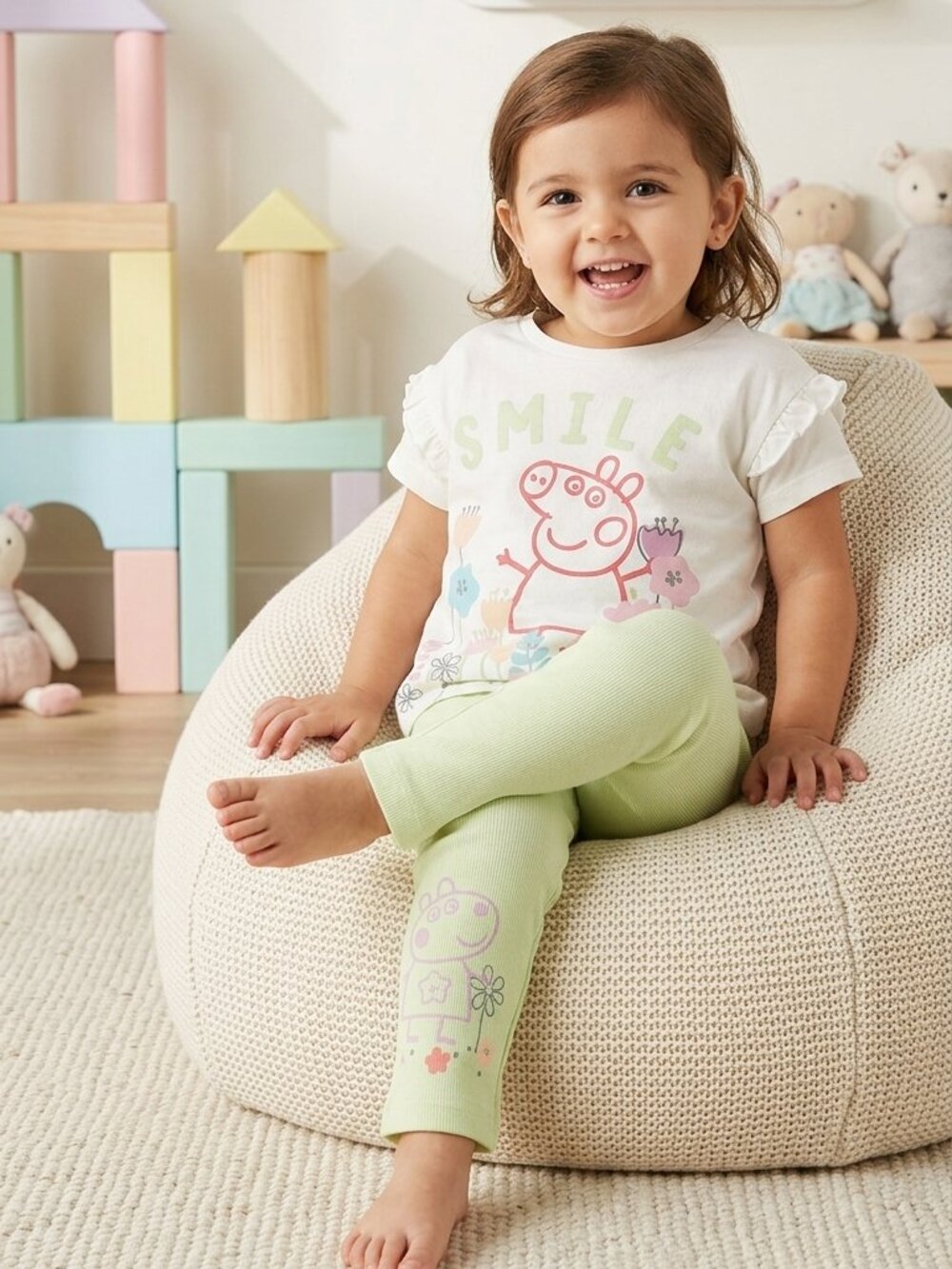 Peppa Pig Girls "Smile" Floral Pajama Set - White & Mint Ruffle PJs